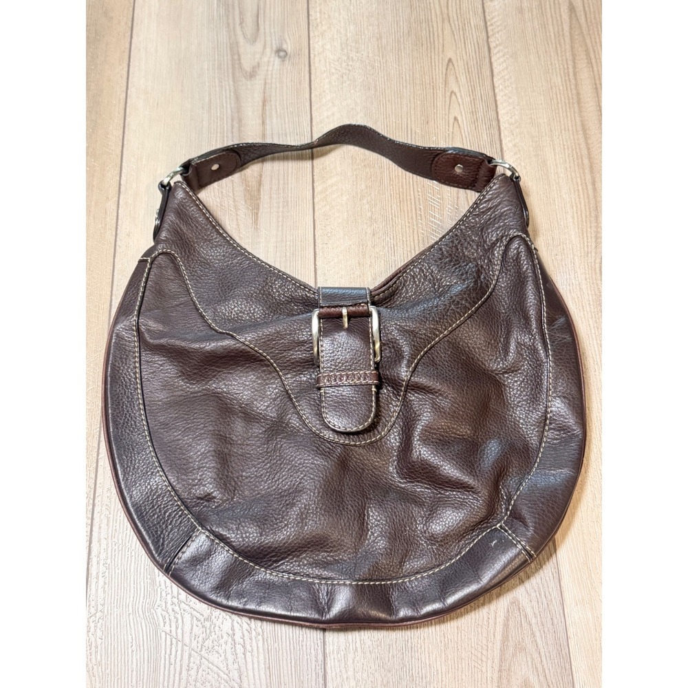 Michael Kors Brown Pebbled Leather Hobo Bag Buckle Detail Contrast Stitching